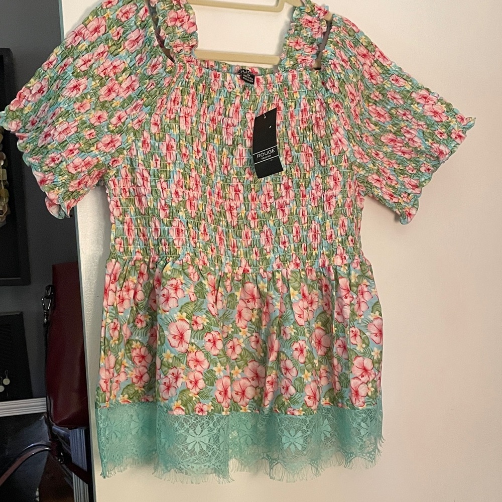 Rouge! Floral Smocked Top - Green and Pink